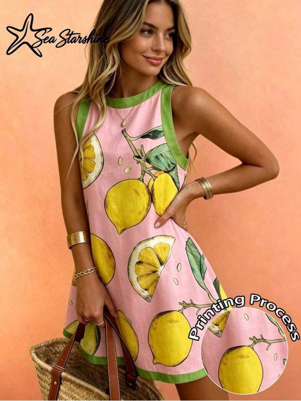Pink Lemon Print Dress with Green Trim